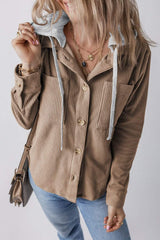 Drawstring Button Up Long Sleeve Hooded Jacket - Trendsi - Flyclothing LLC