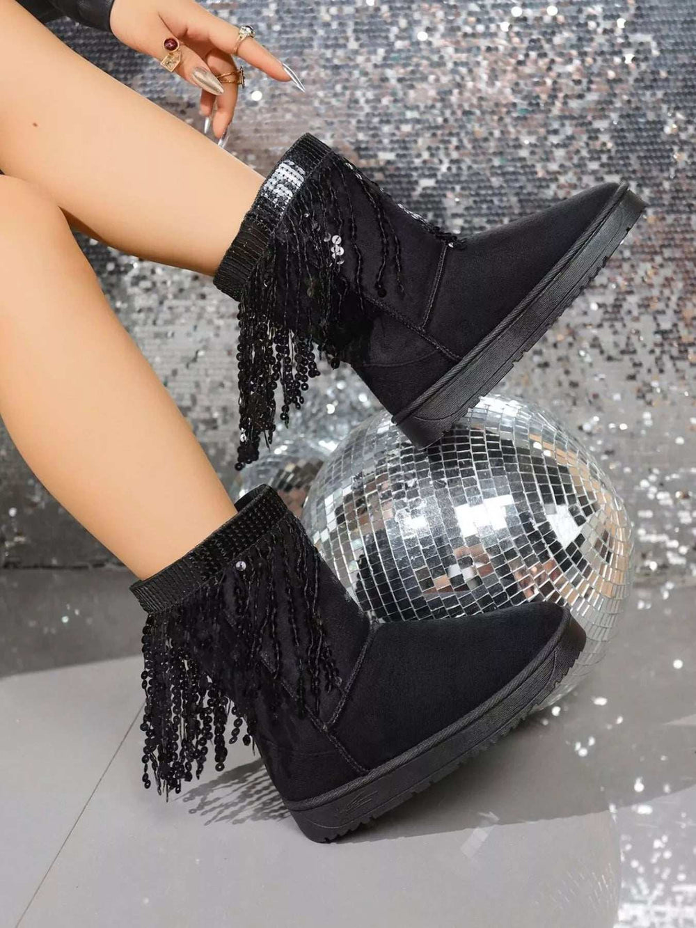 Sequin Fringe Suede Winter Boots - Trendsi - Flyclothing LLC