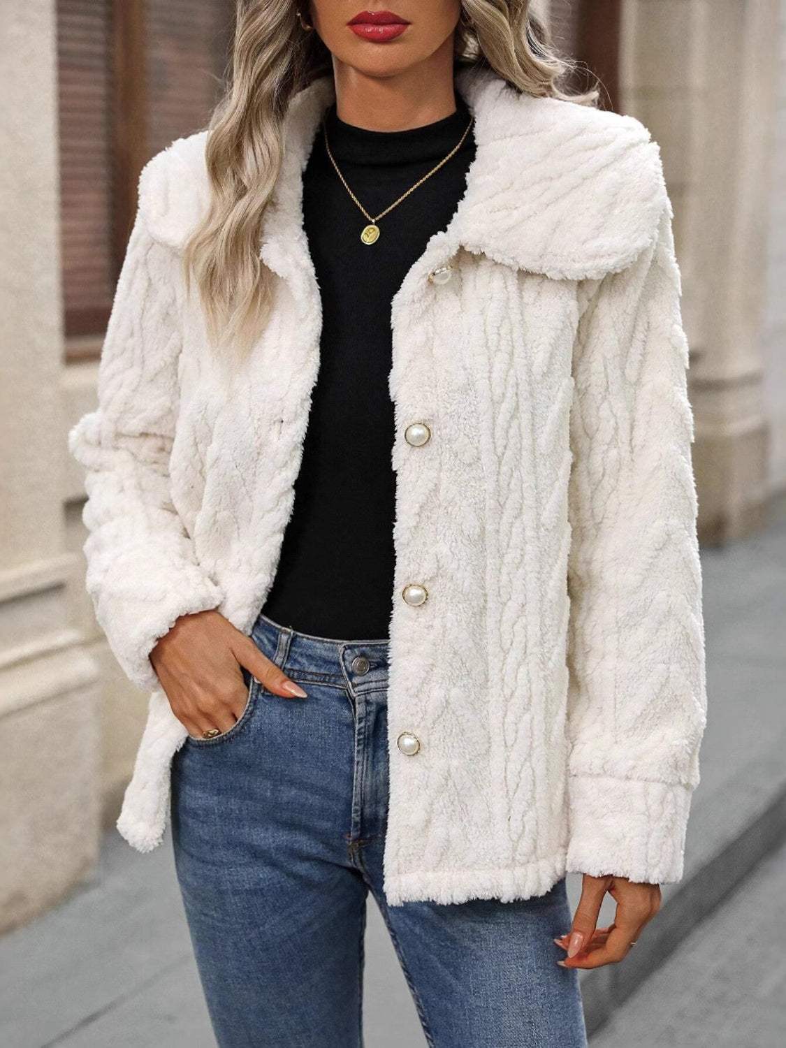Fuzzy Texture Button Up Collared Neck Coat - Trendsi - Flyclothing LLC