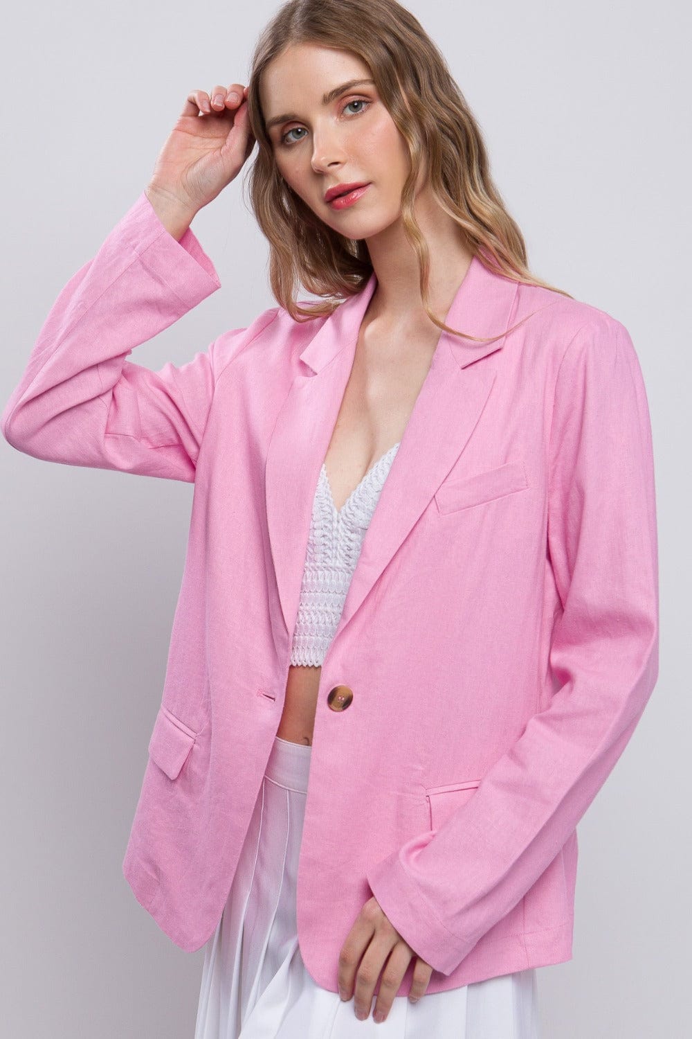 Love Tree One-Button Long Sleeve Linen Blazer - Trendsi