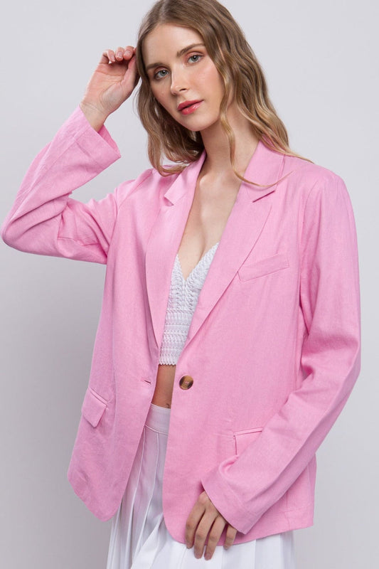 Love Tree One-Button Long Sleeve Linen Blazer - Trendsi
