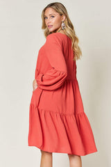 Double Take Full Size V-Neck Balloon Sleeve Tiered Dress - Trendsi - Flyclothing LLC