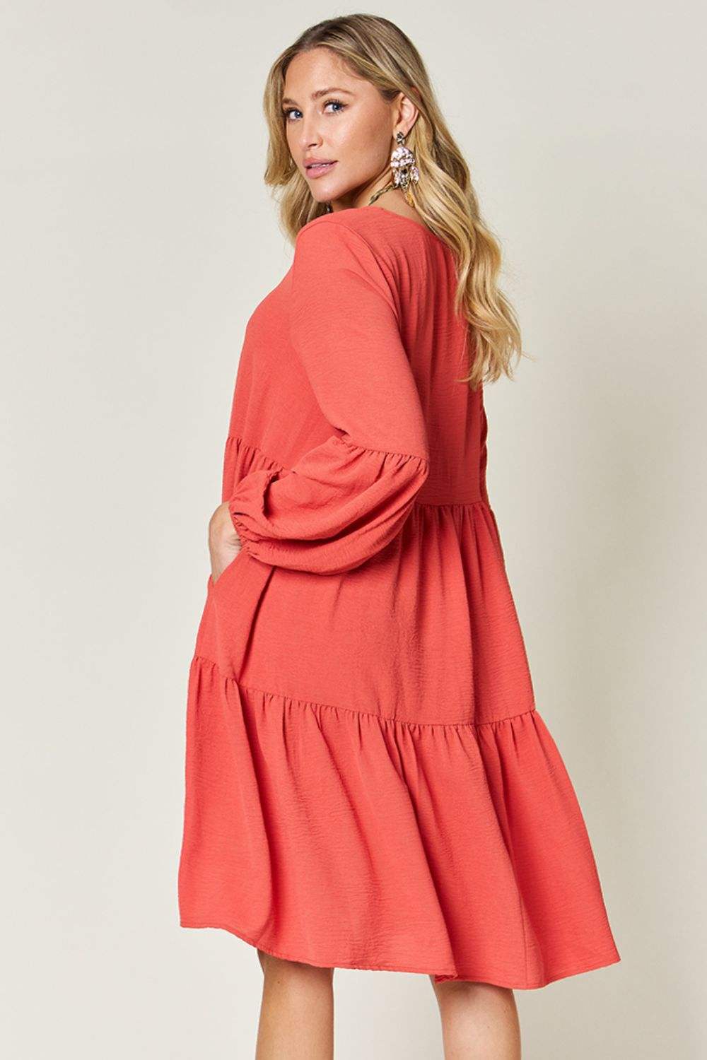 Double Take Full Size V-Neck Balloon Sleeve Tiered Dress - Trendsi - Flyclothing LLC