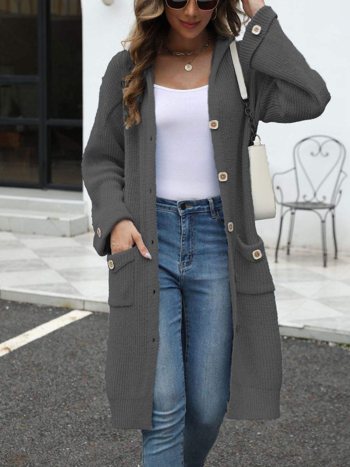 Pocketed Button Up Long Sleeve Hooded Cardigan - Trendsi - Flyclothing LLC
