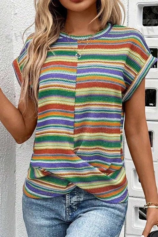 Multicolour Striped Twist Hem Cap Sleeve Top - Trendsi - Flyclothing LLC