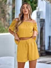 Full Size Off-Shoulder Short Sleeve Top and Tied Shorts Set - Trendsi