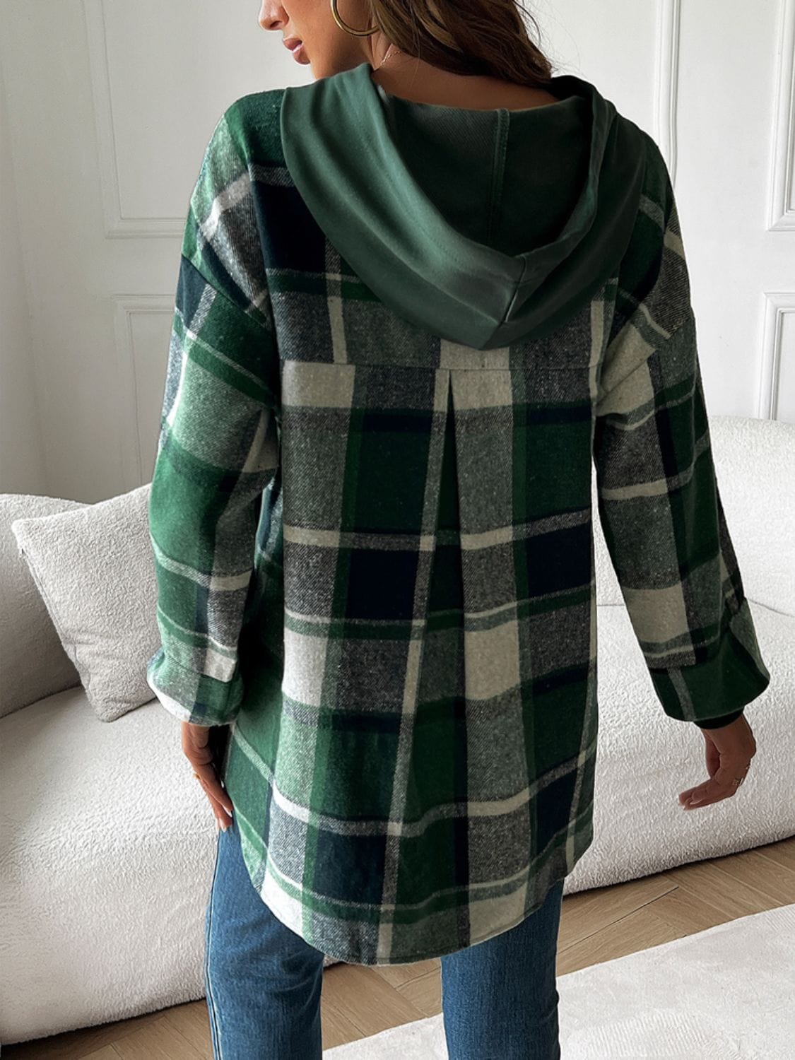 Devine Drawstring Plaid Long Sleeve Hoodie - Trendsi