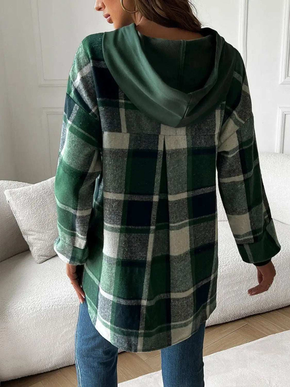 Devine Drawstring Plaid Long Sleeve Hoodie - Trendsi - Flyclothing LLC
