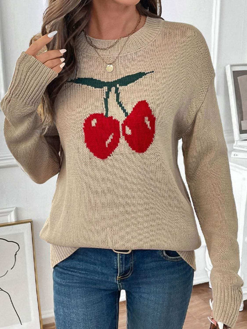 Perfee Cherry Round Neck Long Sleeve Sweater - Trendsi - Flyclothing LLC