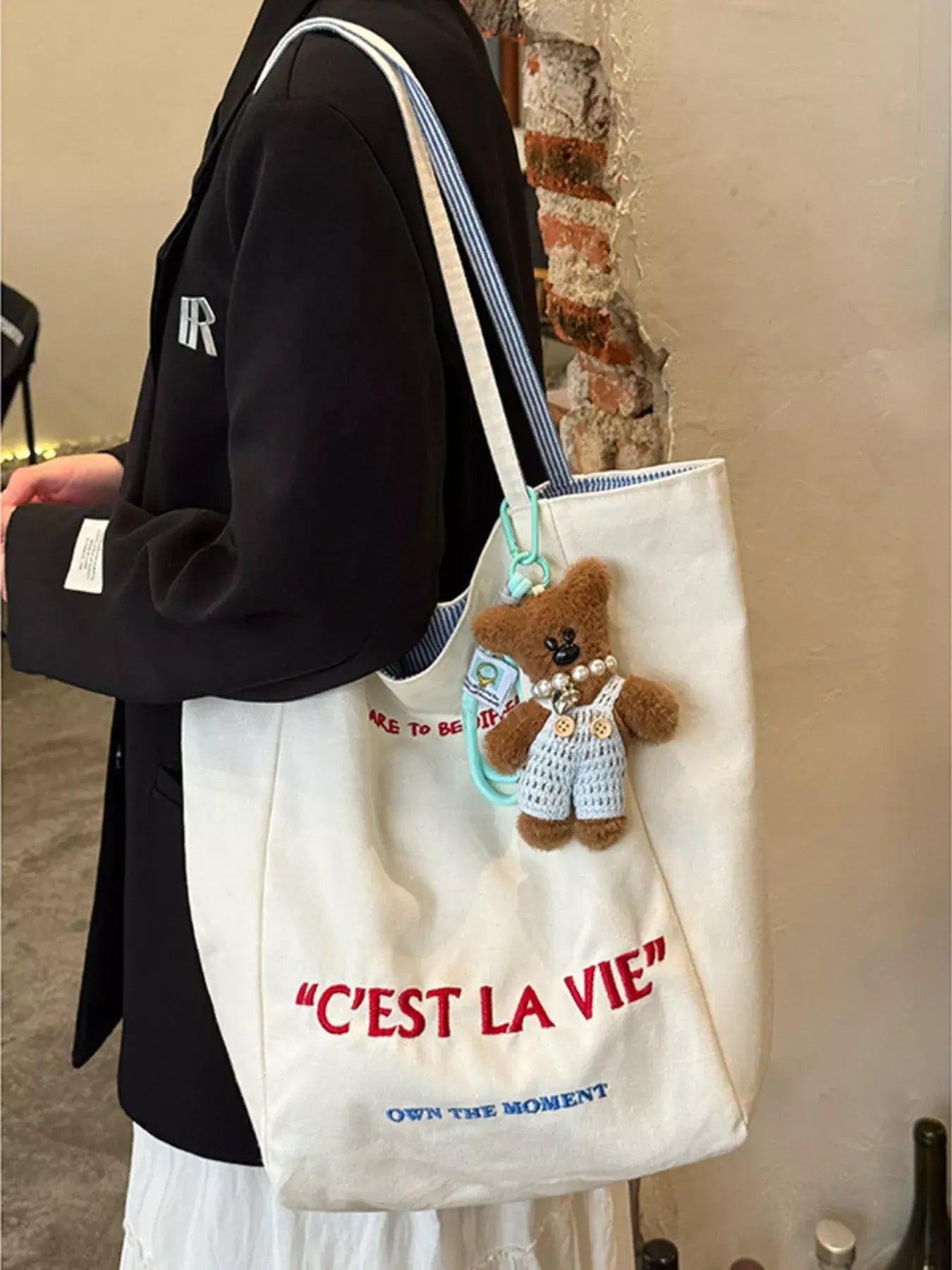 Letter Embroidered Canvas Shoulder Bag - Trendsi - Flyclothing LLC