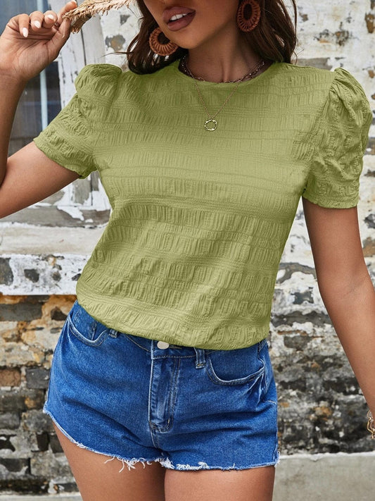 Ruched Round Neck Short Sleeve T-Shirt - Trendsi