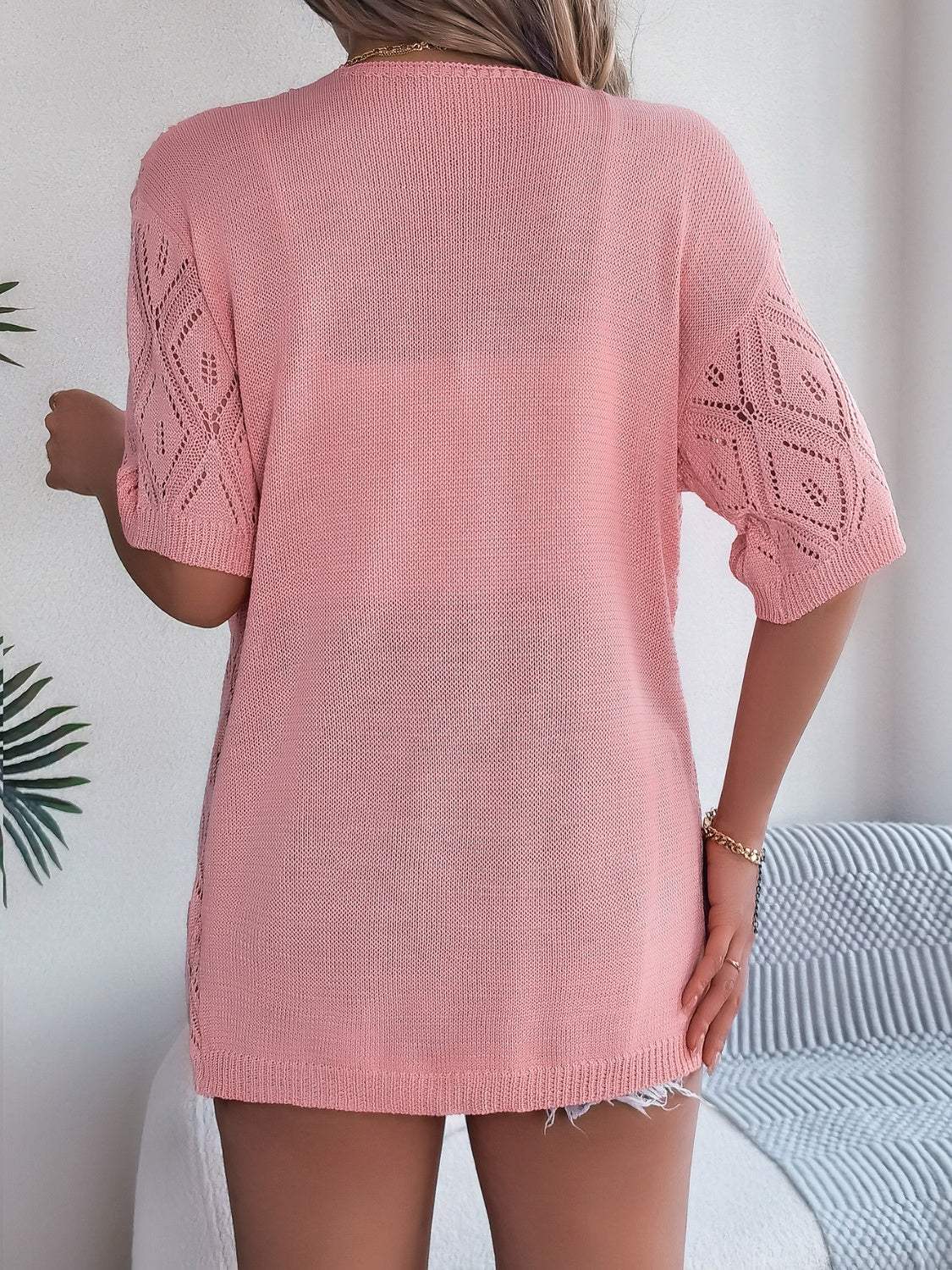 Openwork Open Front Half Sleeve Cardigan - Trendsi - Flyclothing LLC