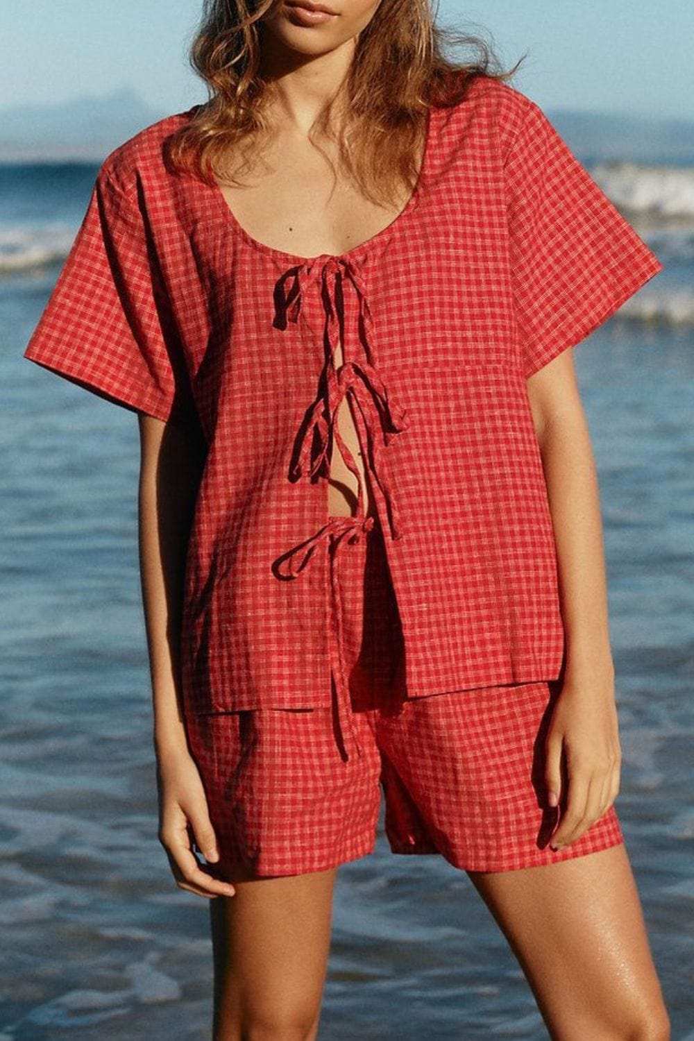 Plaid Tied Scoop Neck Short Sleeve Top and Drawstring Shorts Set - Trendsi - Flyclothing LLC