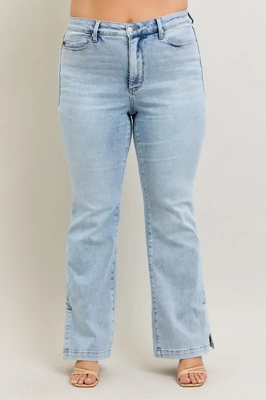 Judy Blue Full Size Tummy Control Vintage Wash Side Slit Slim Boot Jeans Plus Size - Trendsi - Flyclothing LLC