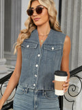V-Neck Button Down Denim Vest - Trendsi