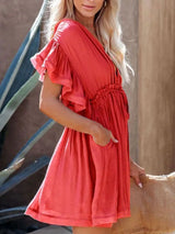 Drawstring Ruffled Half Sleeve Mini Dress - Trendsi - Flyclothing LLC