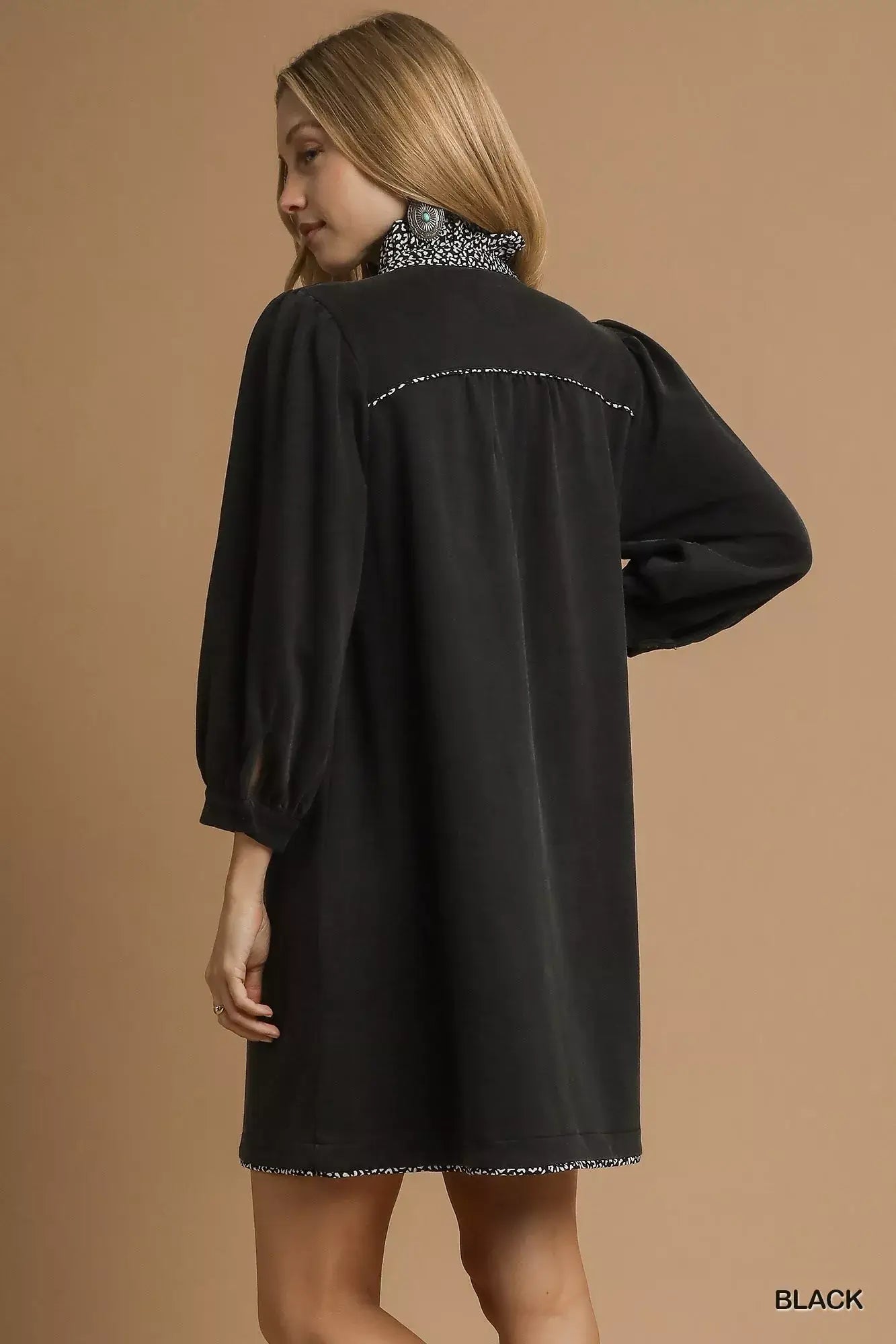 Umgee French Terry Balloon Sleeve Shift Dress with Leopard Print Detail - Trendsi - Flyclothing LLC