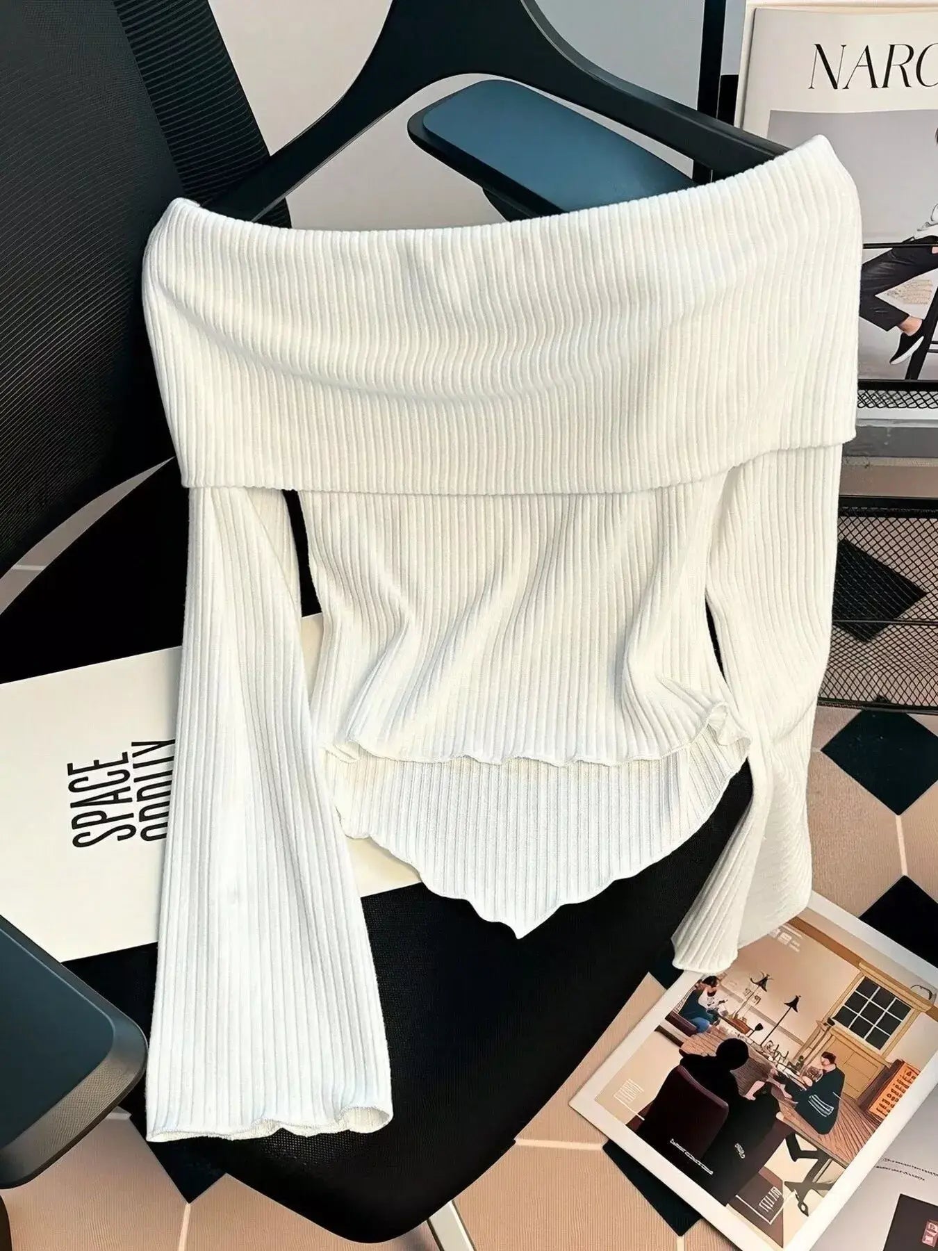 Off-Shoulder Bowknot Ribbed Knit T-Shirt - Trendsi - Flyclothing LLC