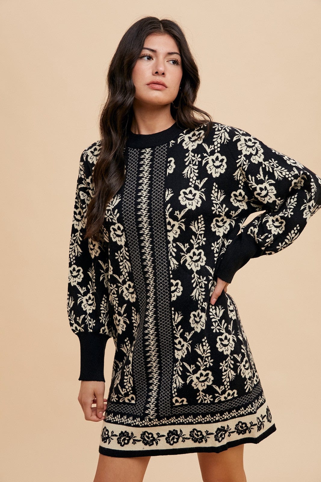 Annie Wear Floral Jacquard Round Neck Sweater Dress - Trendsi