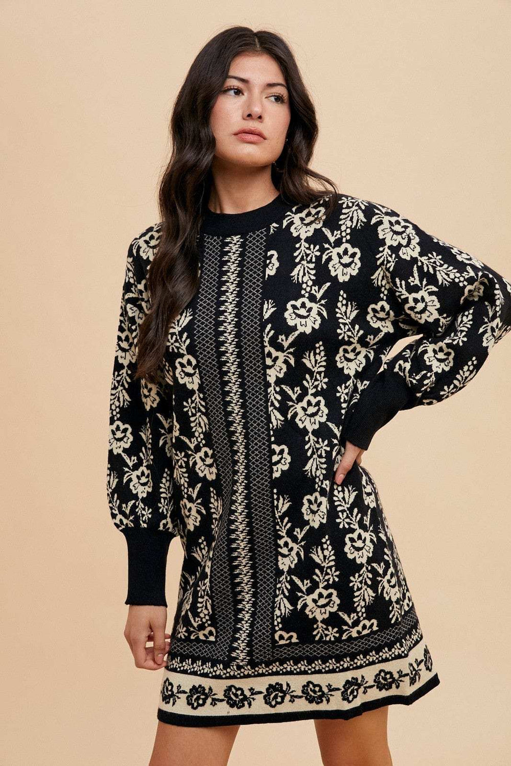 Annie Wear Floral Jacquard Round Neck Sweater Dress - Trendsi - Flyclothing LLC