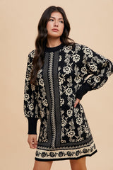 Annie Wear Floral Jacquard Round Neck Sweater Dress - Trendsi