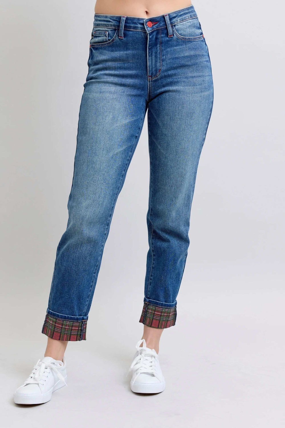 Judy Blue Full Size Mr Plaid Print Cuff Bf Jeans Plus Size - Trendsi - Flyclothing LLC
