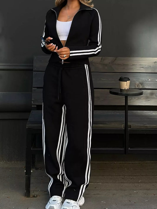 Striped Zip Up Top and Pants Set - Trendsi - Flyclothing LLC