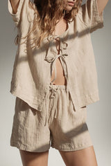 Plaid Tied Scoop Neck Short Sleeve Top and Drawstring Shorts Set - Trendsi