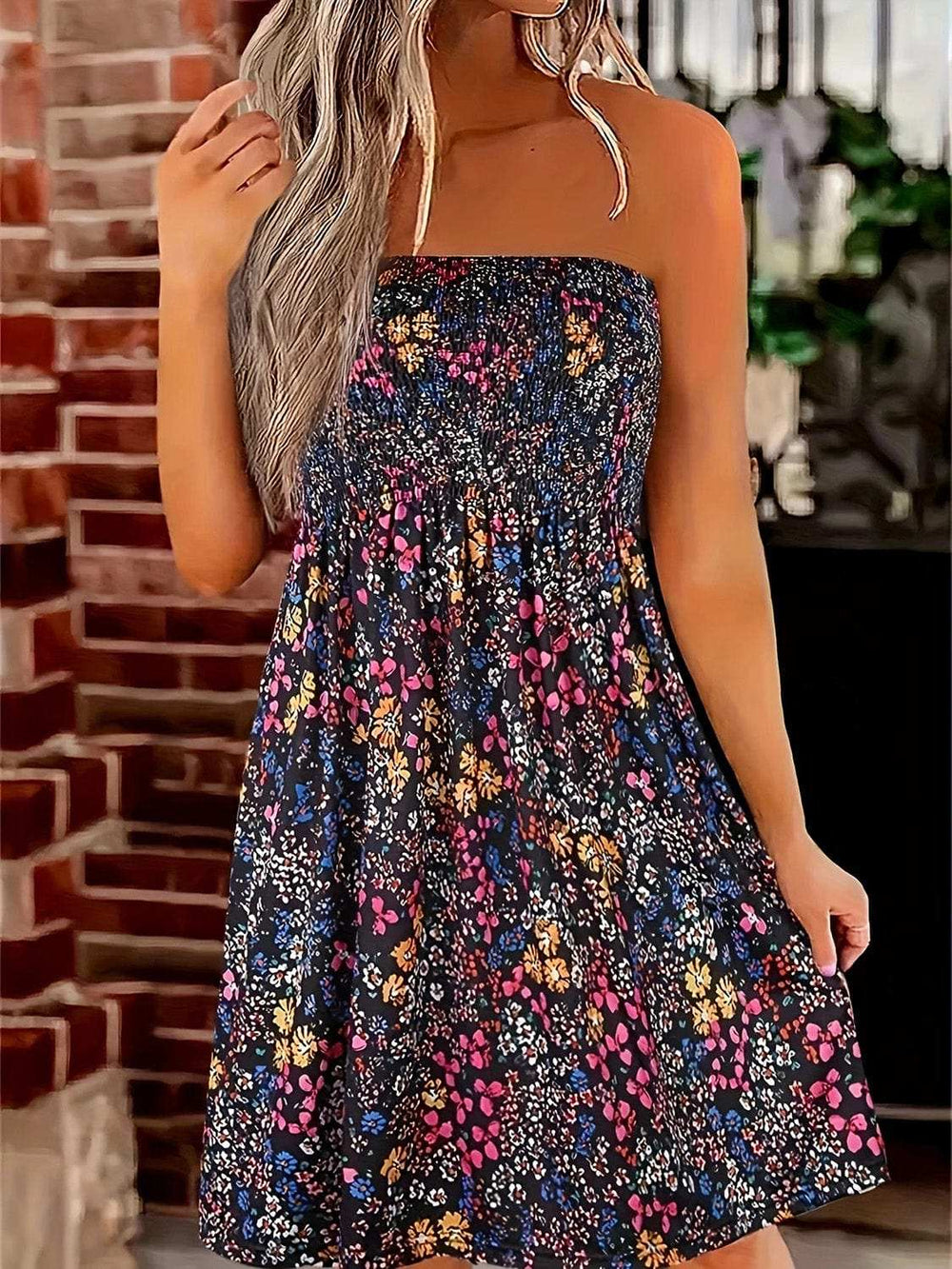 Full Size Smocked Printed Tube Mini Dress - Trendsi - Flyclothing LLC