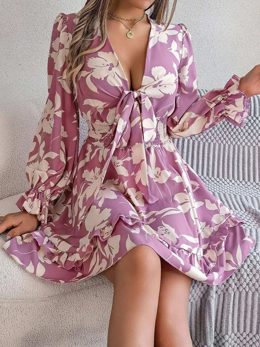 Tied Ruffled Printed Long Sleeve Dress - Trendsi - Flyclothing LLC