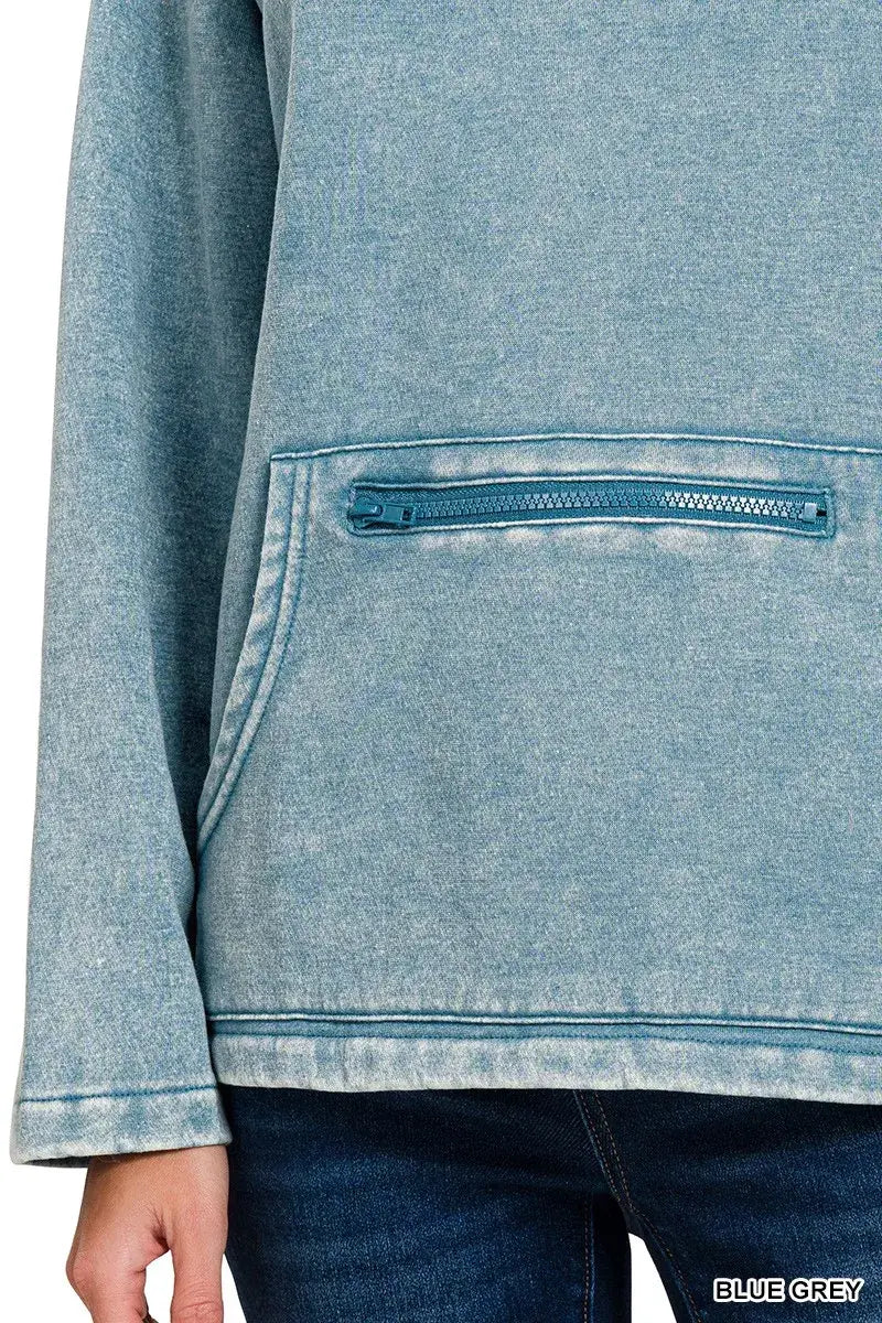 Zenana Fleece Washed High Neck Kangaroo Pocket Sweatshirt - Trendsi - Flyclothing LLC