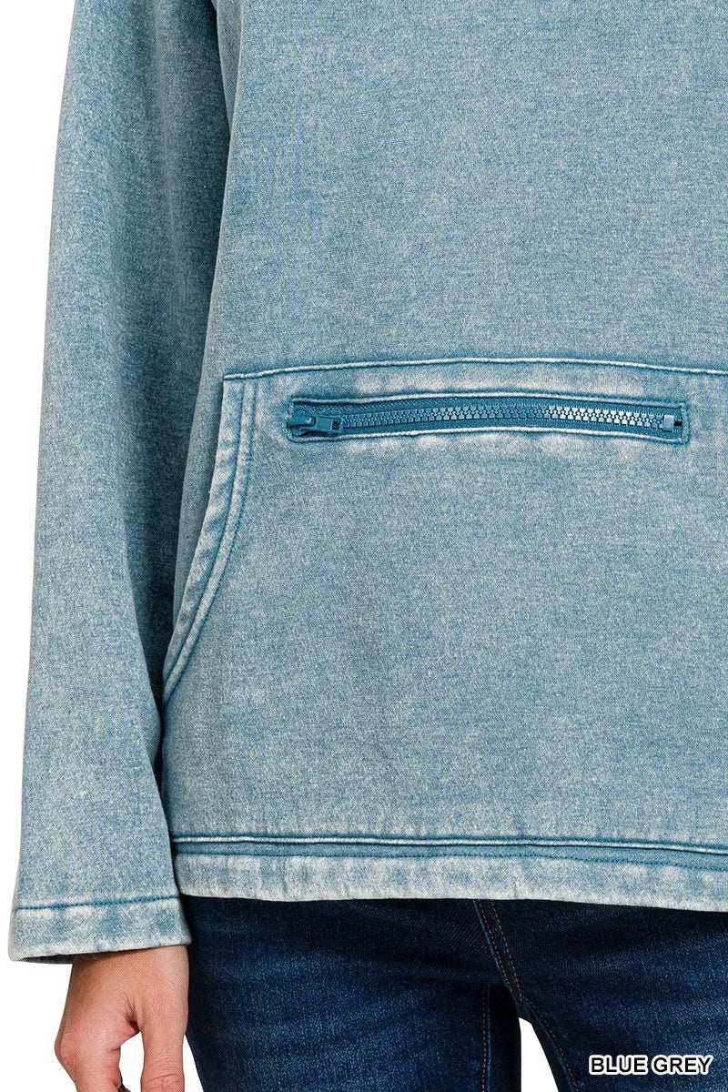 Zenana Fleece Washed High Neck Kangaroo Pocket Sweatshirt - Trendsi - Flyclothing LLC