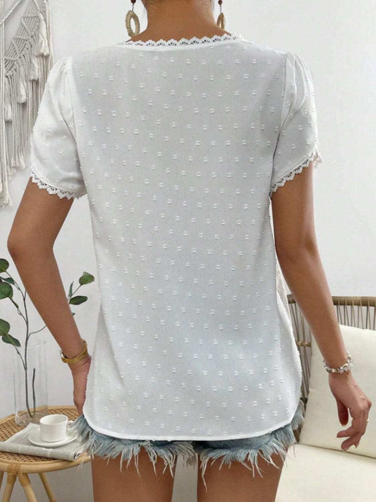 Swiss Dot Lace Detail V-Neck Petal Sleeve Blouse - Trendsi - Flyclothing LLC