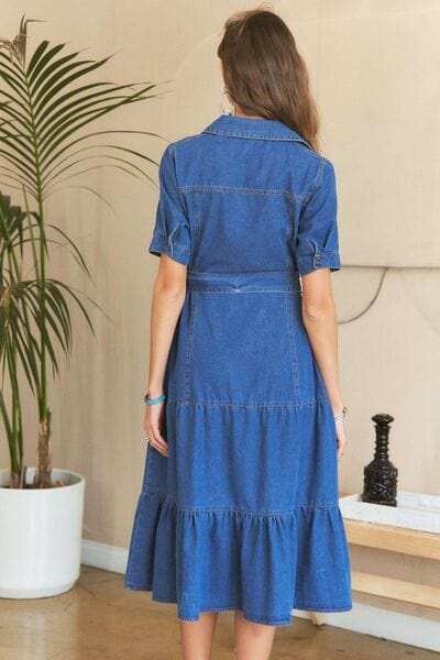 ADORA Tiered Button Down Tie Waist Short Sleeve Denim Dress - Trendsi - Flyclothing LLC