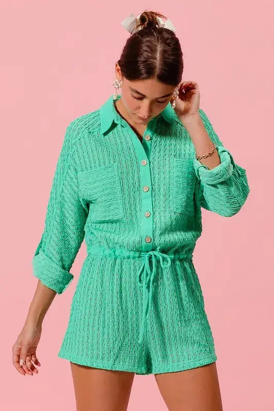SO ME Textured Knit Button Front Romper - Trendsi - Flyclothing LLC