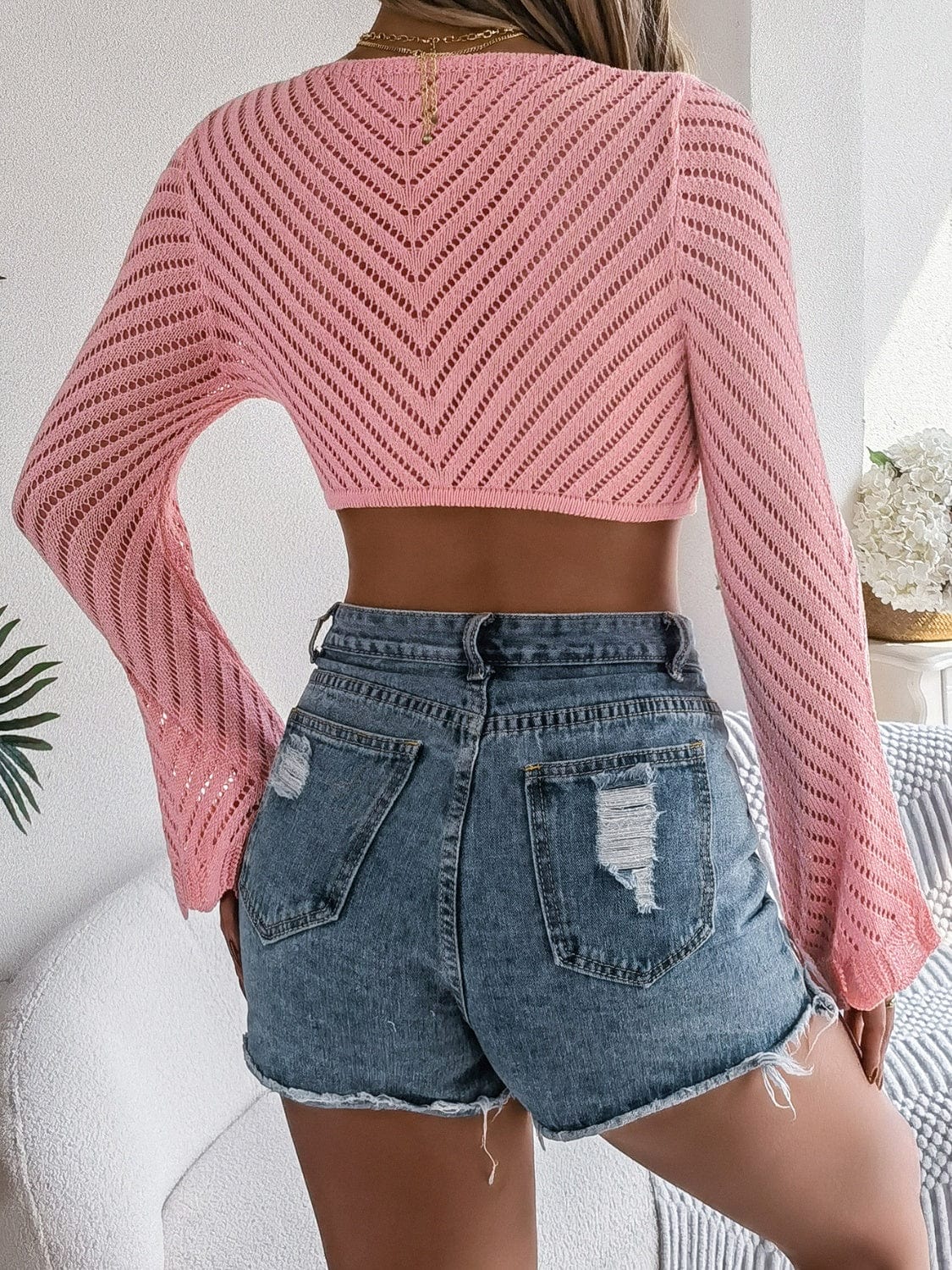 Openwork Tied Long Sleeve Knit Cover Up - Trendsi