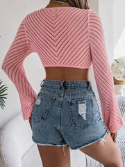 Openwork Tied Long Sleeve Knit Cover Up - Trendsi