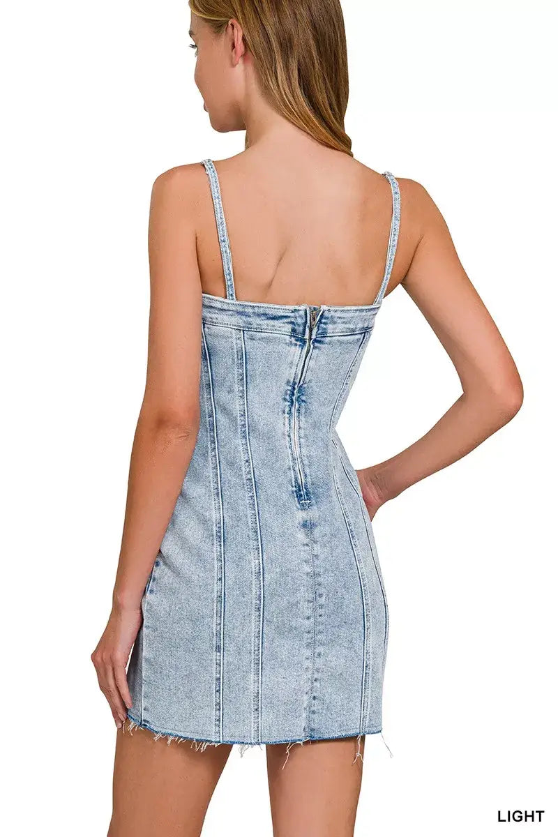 Zenana Spaghetti Strap Exposed Seam Light-Wash Dress - Trendsi - Flyclothing LLC