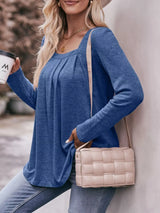 Pleated Square Neck Long Sleeve T-Shirt - Trendsi - Flyclothing LLC