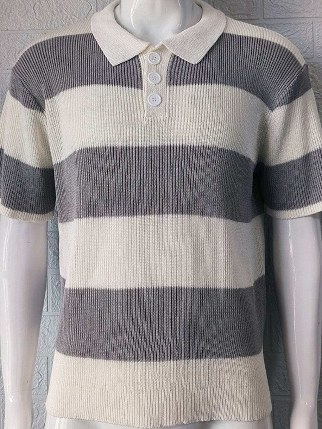 Men's Plus Size Collared Neck Striped Ribbed Knit Polo - Trendsi - Flyclothing LLC