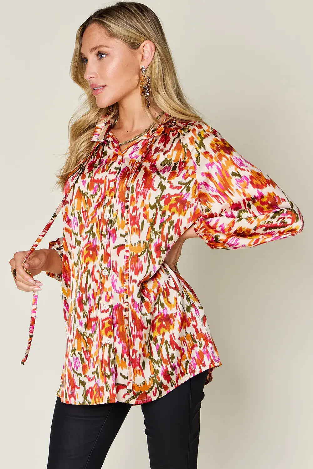 Double Take Full Size Printed Button Up Long Sleeve Shirt - Trendsi - Flyclothing LLC