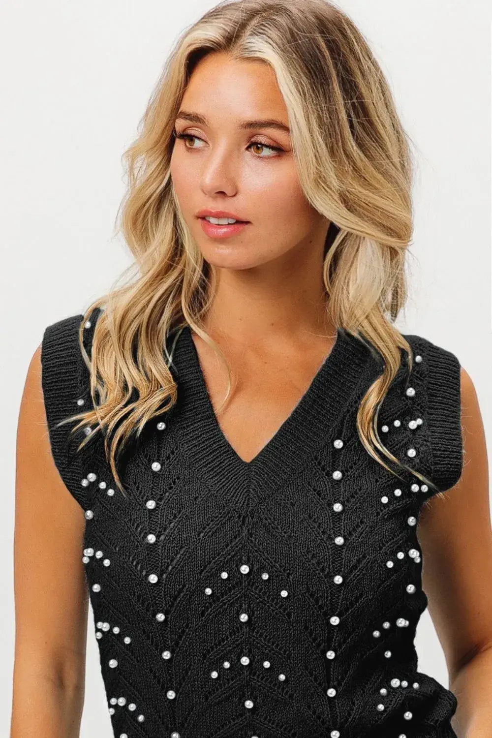 BiBi Chevron Pointelle Pearl Knit Top - Trendsi - Flyclothing LLC