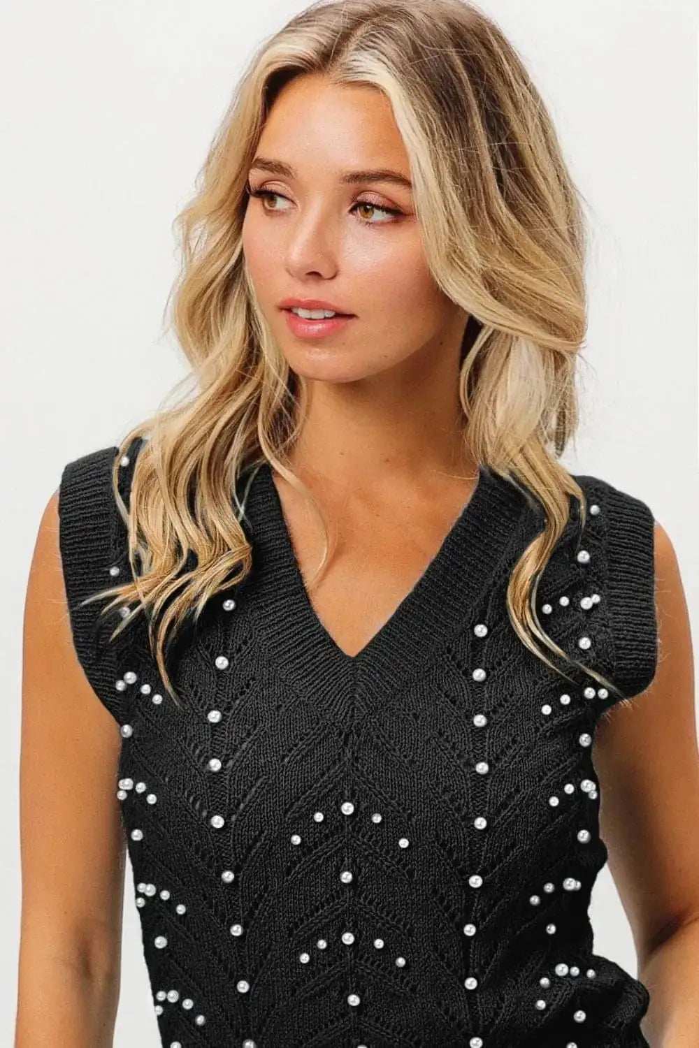 BiBi Chevron Pointelle Pearl Knit Top - Trendsi - Flyclothing LLC