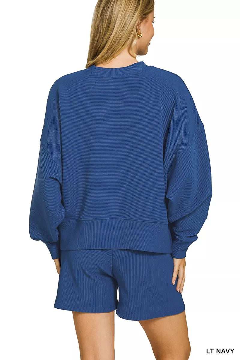 Zenana Ribbed Round Neck Pullover and Shorts Set - Trendsi - Flyclothing LLC