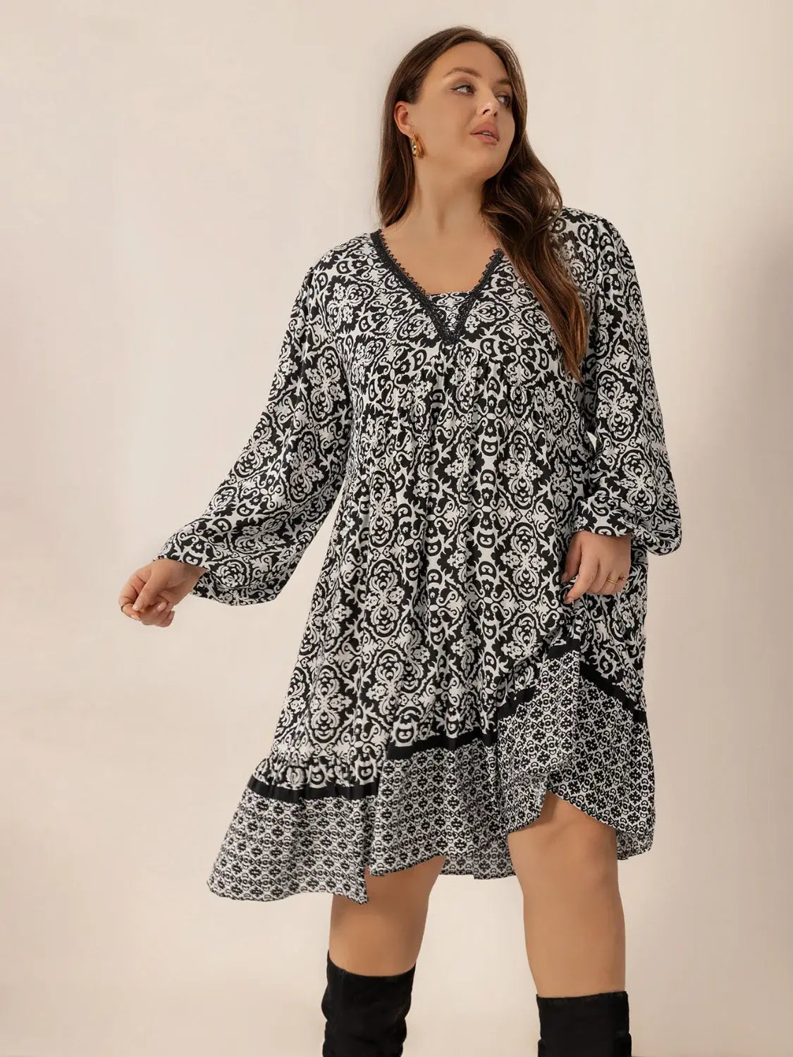 Plus Size Lace Detail Printed Balloon Sleeve Dress - Trendsi - Flyclothing LLC