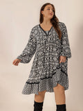 Plus Size Lace Detail Printed Balloon Sleeve Dress - Trendsi