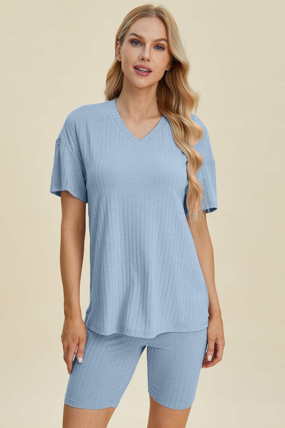 Basic Bae Full Size Ribbed V-Neck Short Sleeve Top and Shorts Set - Trendsi - Flyclothing LLC