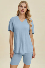 Basic Bae Full Size Ribbed V-Neck Short Sleeve Top and Shorts Set - ShopBasicbae - Flyclothing LLC