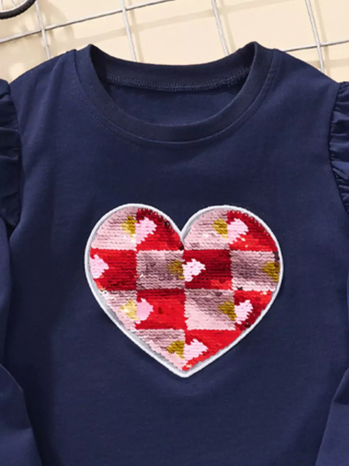 Children's Long Sleeve Heart Patch Ruffle Trim T-Shirt - Trendsi - Flyclothing LLC