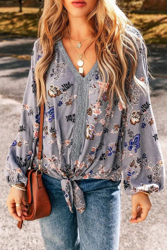 Lace Detail V-Neck Balloon Sleeve Blouse - Trendsi - Flyclothing LLC